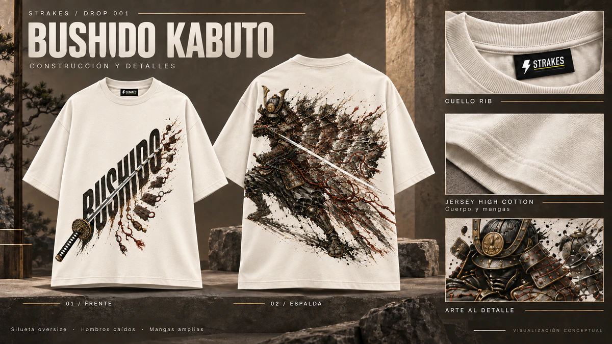 Presentación editorial conceptual de Bushido Kabuto: una vista frontal y una posterior de la prenda completa con mangas sin estampado, con acercamientos al cuello RIB y su etiqueta STRAKES, al Jersey High Cotton del cuerpo y las mangas y al estampado.