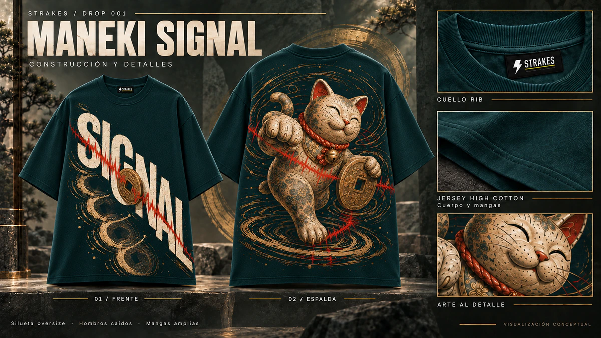 Presentación editorial conceptual de Maneki Signal: una vista frontal y una posterior de la prenda completa con mangas sin estampado, con acercamientos al cuello RIB y su etiqueta STRAKES, al Jersey High Cotton del cuerpo y las mangas y al estampado.