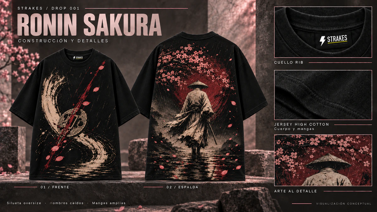 Presentación editorial conceptual de Ronin Sakura: una vista frontal y una posterior de la prenda completa con mangas sin estampado, con acercamientos al cuello RIB y su etiqueta STRAKES, al Jersey High Cotton del cuerpo y las mangas y al estampado.