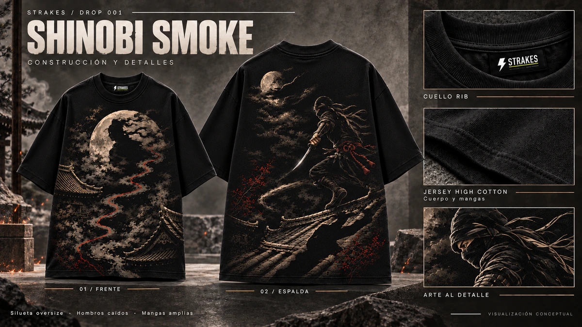 Presentación editorial conceptual de Shinobi Smoke: una vista frontal y una posterior de la prenda completa con mangas sin estampado, con acercamientos al cuello RIB y su etiqueta STRAKES, al Jersey High Cotton del cuerpo y las mangas y al estampado.