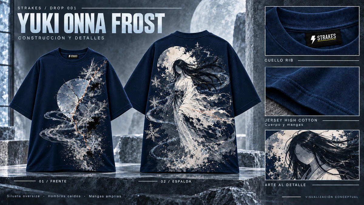 Presentación editorial conceptual de Yuki Onna Frost: una vista frontal y una posterior de la prenda completa con mangas sin estampado, con acercamientos al cuello RIB y su etiqueta STRAKES, al Jersey High Cotton del cuerpo y las mangas y al estampado.