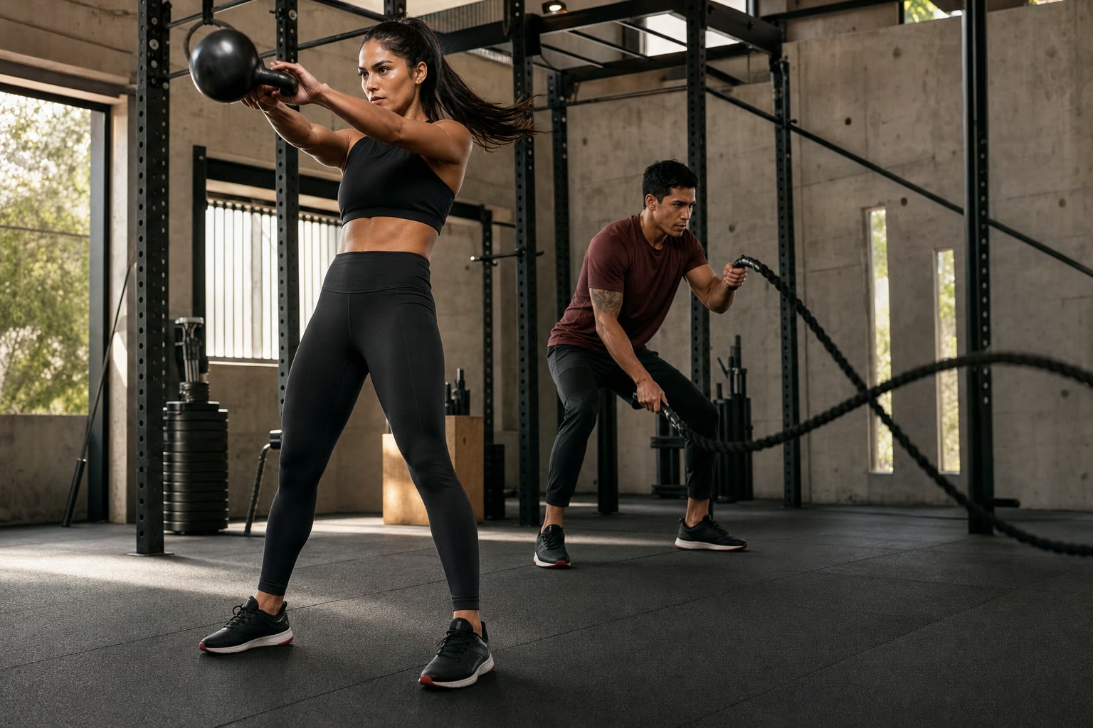 Mujer entrenando con kettlebell y hombre usando battle ropes en un gimnasio