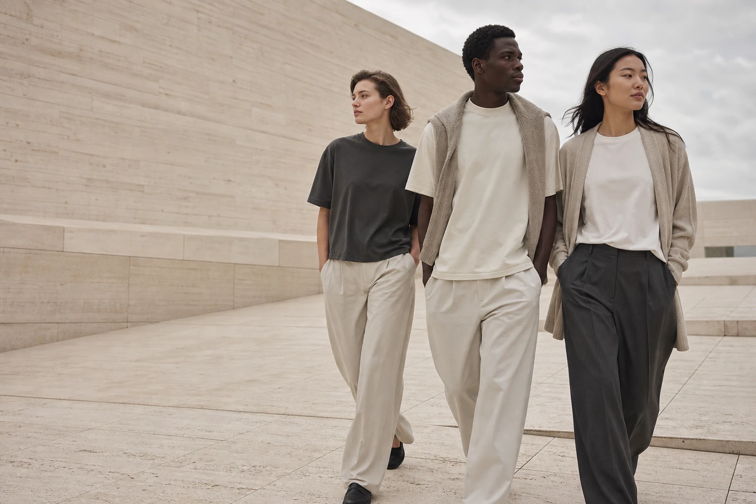 Tres modelos de orígenes diversos con prendas VALZERI Essentials