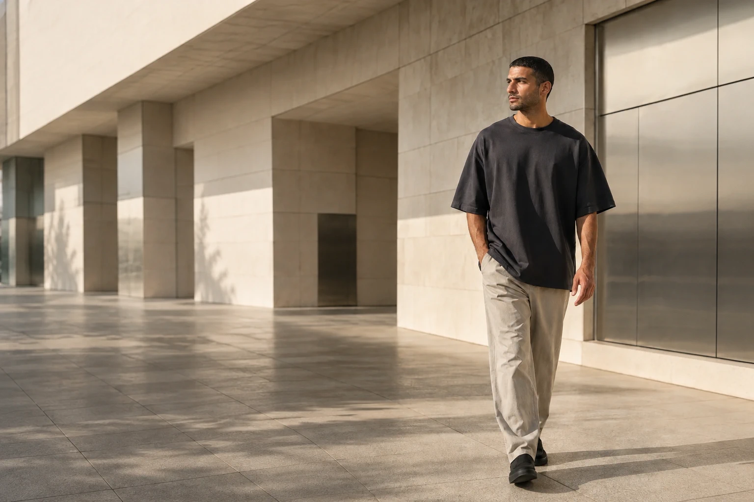 Hombre con camiseta oversize carbón y pantalón piedra en una arquitectura contemporánea