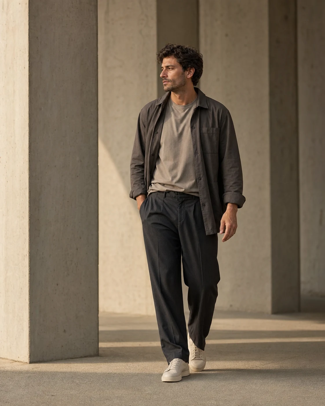 Hombre con esenciales VALZERI en arquitectura de concreto