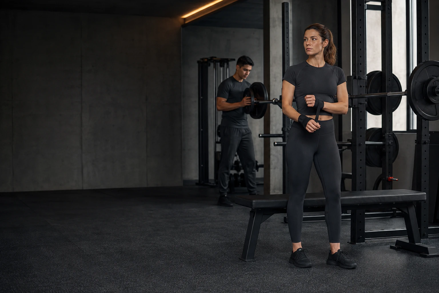Dos atletas se preparan para entrenar fuerza con prendas técnicas grafito para VENZID