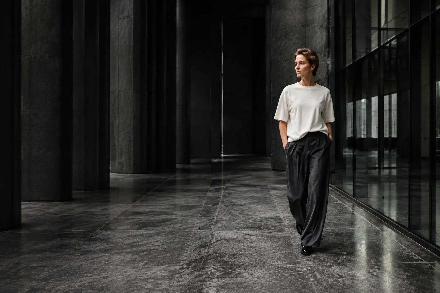 Mujer con camiseta blanca boxy y pantalón amplio en una galería contemporánea