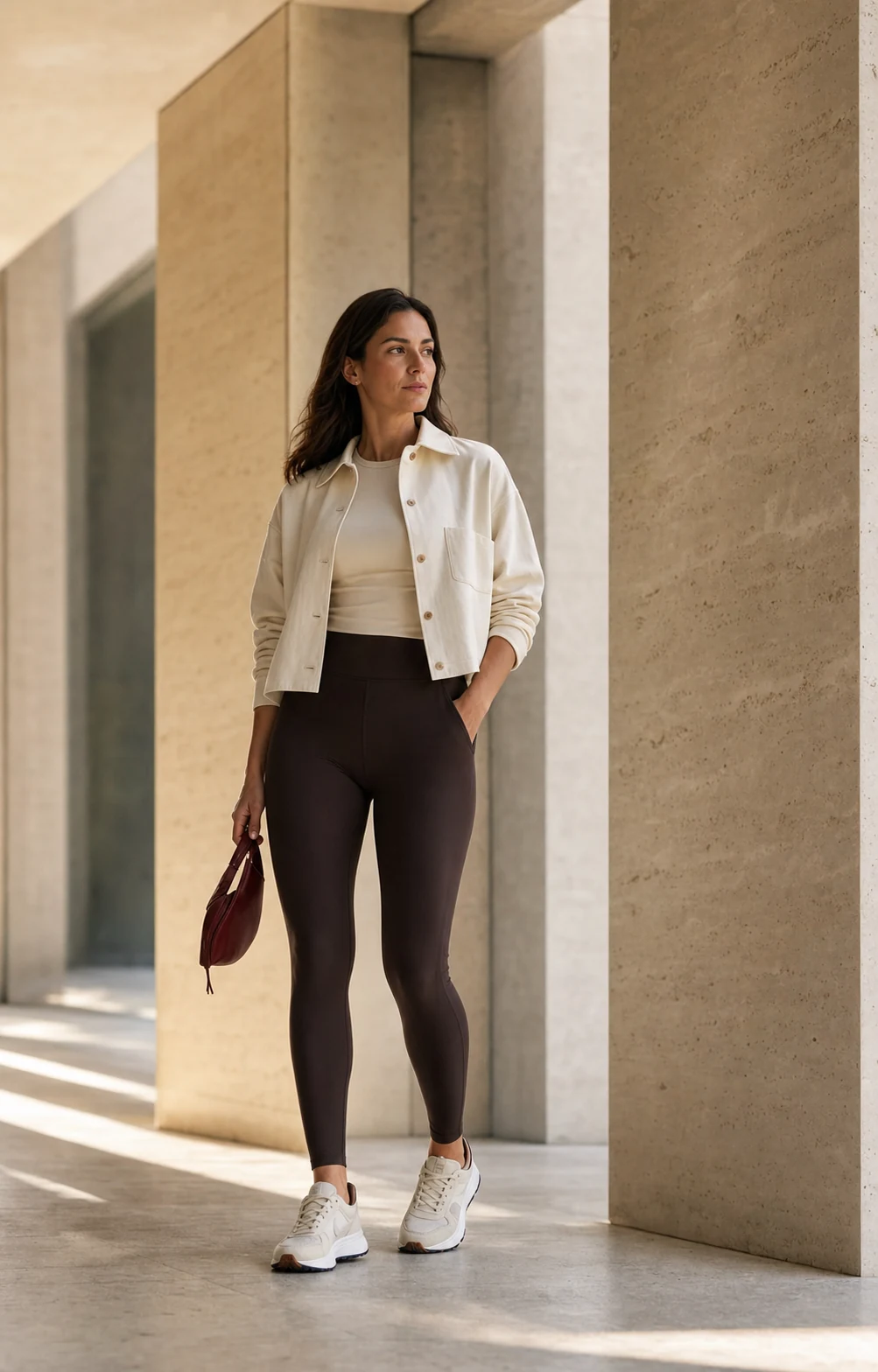 Mujer con prendas VALZERI en tonos marfil y espresso